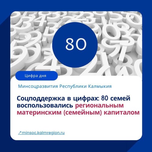 В Калмыкии 80 семей воспользовались региональным материнским капиталом на общую сумму 2,3 млн рублей. Средства были направлены на улучшение жилищных условий, лечение, получение образования детьми, а также на ремонт жилых помещений.